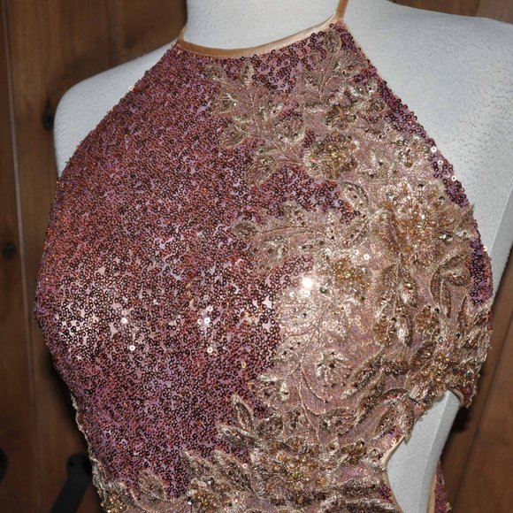 Golden ASP Mini Sequin Covered Gold to Rose Tones Sexy Open Back Evening Gown - Picture 5 of 9